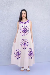 Kaftan bohème en lin 100% beige brodé Siwa, col rond, longueur totale, pour femmes, nouveau modèle 2026, prix bas - Product Image 5