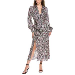 Abito a maniche lunghe con stampa floreale Cinq Sept Quin, blu polvere, taglie multiple 2, silhouette ampia, vita naturale, tessuto chiffon - Product Image 1