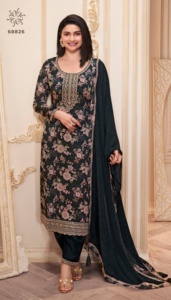 El último diseñador Chinon Seda Bordado Secuencia Trabajo Kurti Set Por Fab Zone - Product Image 4