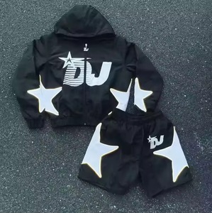 OEM ODM Custom Printed Casual Autumn 2-Piece Windbreaker <b>Short</b> Set <b>Zip</b> Hooded Waterproof Breathable Fleece Anti Shrink - Product Image 3