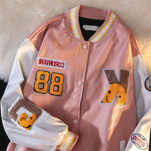 แจ็กเก็ตเลตเตอร์แมนสำหรับผู้ชายแขนเสื้อหนังขนแกะปักโลโก้ผ้ากำมะหยี่มีฮู้ดเสื้อแขนยาวสตรีททอสำหรับผู้หญิง - Product Image 2