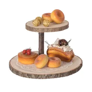 Двухъярусная деревянная подставка для тортов в ресторане, сервировочный столик для выпечки и закусок, поднос для сервировки в центре свадебного печенья