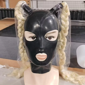 Équipement de Bondage en <span class=keywords><strong>Latex</strong></span> noir fait main pour femmes Costumes d'Halloween avec capuche en caoutchouc et perruque Tube en queue de cochon pour <span class=keywords><strong>SM</strong></span> - Product Image 6