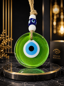 SNB0703 Amulette Œil Turc en Verre Vert Clair Pailleté de 7 cm, Nazar Boncugu Vert Citron Fait Main à Suspendre au Mur, Charme de Protection pour la Maison et les Mariages - Product Image 3