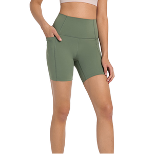 Pantalones cortos de yoga para mujer de cintura alta al por mayor, pantalones cortos de secado rápido para gimnasio, entrenamiento, correr, deportes, pantalones cortos con bolsillos, ajustados, cintura elástica informal - Product Image 1