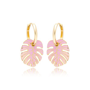 Pendientes de diseño de esmalte rosa de hoja de palma, Pendientes colgantes, joyería fina turca, venta al por mayor, joyería de plata de ley 925 - Product Image 1
