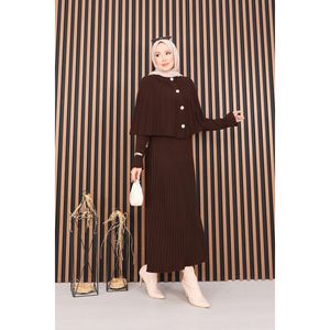 Ensemble décontracté deux pièces automne : Cape boutonnée et robe en maille imprimée avec hijab couleur café – Respirant et confortable - Product Image 1