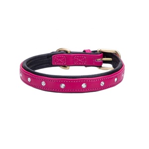 Hot Selling Pink Cow Leather Dog Collar with Soft Padded <b>Crystals</b> and Studs Decoration <b>Top</b> Manufacturer Supplier Saman Exports - Product Image 1