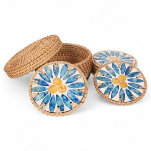Handmade Mother of Pearl <b>Coaster</b> Set with Natural Rattan Rim and <b>Woven</b> Rattan Storage Box for Elegant Table Decor - Product Image 1