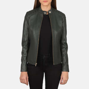 Chaqueta de Cuero Verde con Cuello Alto Estilo Motero para Otoño - Product Image 1