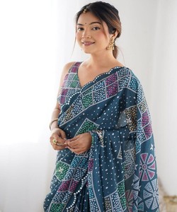 ผ้าส่าหรีขอบงานพิมพ์ลายผ้าไหมผ้าจอร์เจียพร้อมกระจกเสื้อแบบไม่มีตะเข็บเสื้อผ้าสำหรับงานปาร์ตี้ - Product Image 2