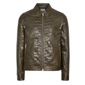 MOQ bajo Precios al por mayor Moda de los hombres Textura de cocodrilo en relieve Chaquetas de cuero de vaca Chaquetas de camionero personalizadas para hombres OEM - Product Image 1