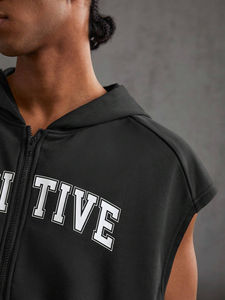 Custom Silk Screen Printing Winter Loose Fit <b>Men's</b> Hooded <b>Sleeveless</b> 100% Cotton Zipper-Up Workout Gym <b>Hoodie</b> - Product Image 3