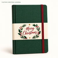 Carnet de Noël personnalisé LABON, couverture rigide en tissu vert, bande de reliure CMYK, fermeture élastique rouge, boîte cadeau de Noël avec dorure à chaud