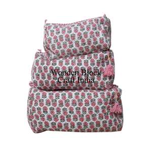 Ensemble de 3 trousses de toilette en coton matelassé, faites à la main en Inde, pochette de voyage pour maquillage avec sac cosmétique imprimé à la main, cadeau d'anniversaire - Product Image 6