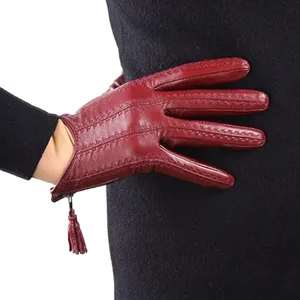 Kadın kısa gerçek deri sürücü eldivenleri dokunmatik ekran ithal keçi deri püskül fermuar kış sıcak eldiven