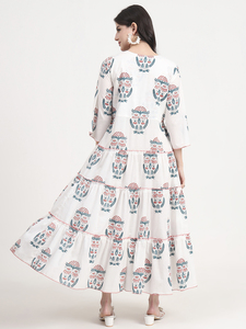 Femmes été décontracté robe de bal Maxi robe imprimé fleuri à plusieurs niveaux col en v 3/4 manches blanc corail sarcelle motif robe florale robe - Product Image 2