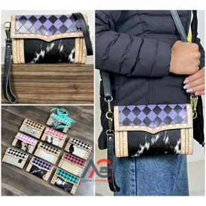 2026 New High Quality Custom Hair-On Cowhide Crossbody Clutch Purse with Checkered Pattern Hand Tooled Leather Wristlet <b>Mini</b> <b>Bag</b> - Product Image 1