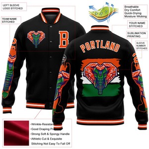 Personalizado negro naranja-blanco elefante 3D patrón de diseño bombardero Full-Snap Varsity Letterman chaqueta cortavientos de los hombres Varsity chaqueta - Product Image 3