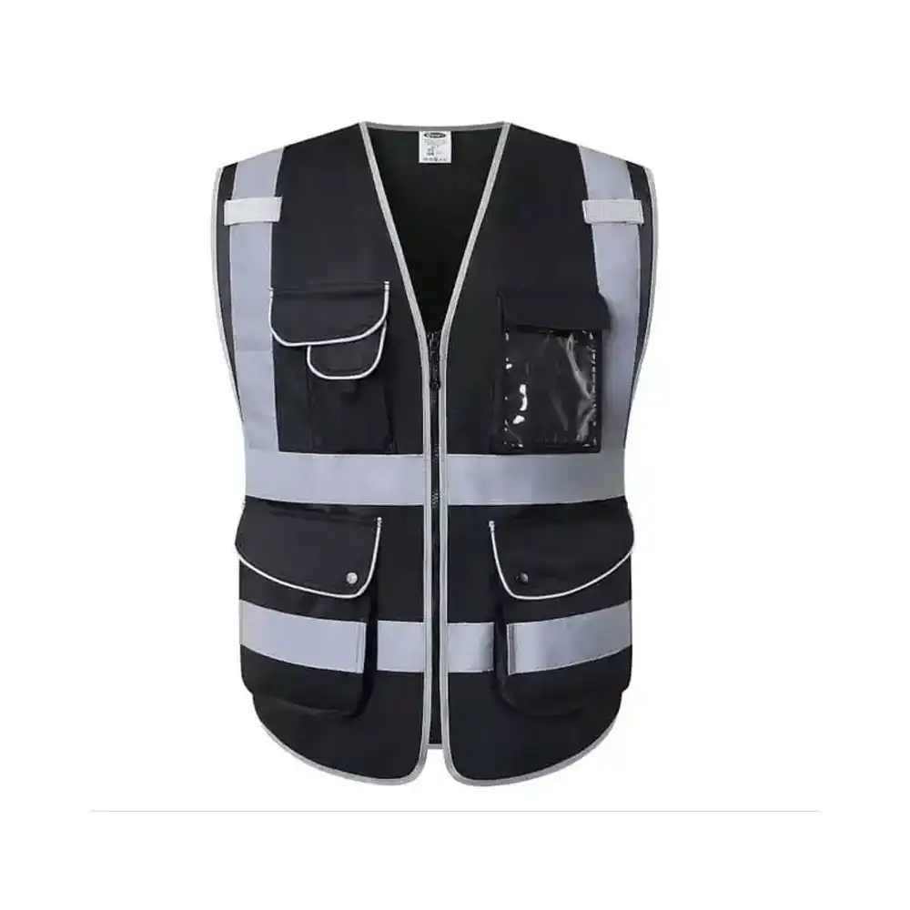Venta al por mayor de chaleco de seguridad negro de alta visibilidad con cremallera logotipo personalizado ropa de trabajo chaleco de seguridad negro reflectante