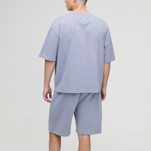 Vente en gros 100% coton Ensemble t-shirt et short à manches courtes pour hommes 2 pièces Survêtement Couleur unie Vêtements décontractés Ensemble de jogging ample pour homme - Product Image 5