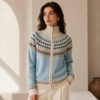 Cardigan 100 % cachemire pour femme, motif Fair Isle, bleu ciel, col montant côtelé, fermeture éclair, veste en cachemire tricotée