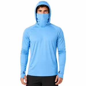 Men's <b>Light</b> <b>Blue</b> UPF 50 Hooded <b>Long</b> <b>Sleeve</b> Anti-UV Sun Protection Pullover Shirt Solid Color Polyester Fishing Wear - Product Image 1
