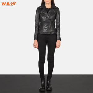 Chaqueta de motorista de cuero negro genuino para mujer, ajustada, cuello de solapa clásico, cremallera frontal asimétrica, cremallera lateral, liso teñido sólido - Product Image 6