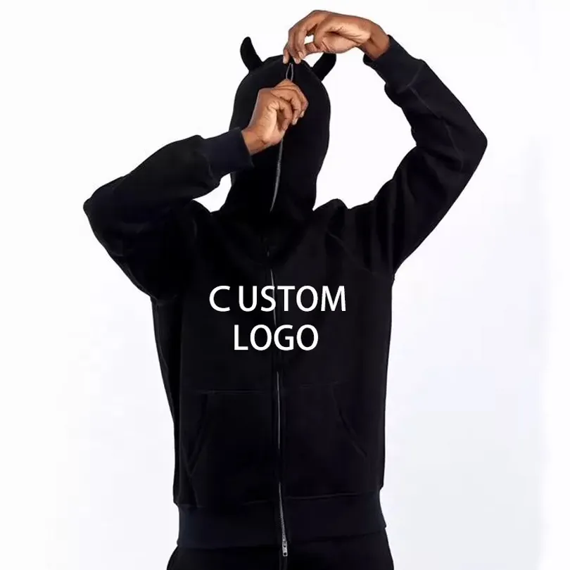 Custom made 100% cotton unisex oversized blank sweatshirt men full zip up hoodie with devil horn