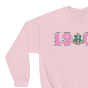 Sudadera con cuello redondo AKA 1908 Year Crest, blanca con letras griegas en rosa y verde, suéter de lana tipo pullover para hermandad - Product Image 3