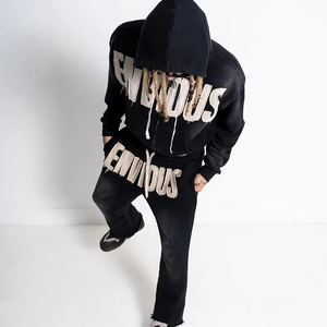 Conjunto de 2 Piezas de Pantalones Deportivos Holgados con Cremallera y Sudadera con Capucha de Algodón Unisex, Estilo Urbano Lavado con Bordado, Personalizado para Hombre, Invierno - Product Image 5
