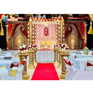 Mandap de mariage élégant et doré sculpté, décorations de mandap, piliers dorés époustouflants, mandap pour cérémonie de mariage tamilienne, Sydney, Royaume-Uni - Product Image 1