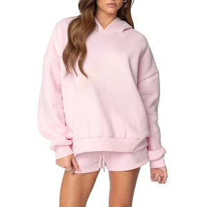 Ensemble short à capuche surdimensionné personnalisé pour femmes pull court insigne écologique en coton polaire épais et éponge hiver/automne - Product Image 1