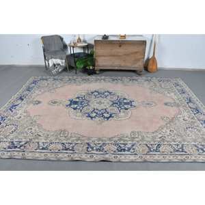 Vintage Turkish Rug 6.9 X 10.2ft <b>Pink</b> Blue Patchwork Design Flat Weave <b>Wool</b> with Latex Backing for Living Room Decorations - Product Image 1