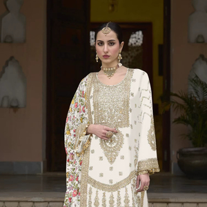 ชุดไหมจีนแท้ปักลายลำดับและพิมพ์ดิจิตอลด้วยชุด Palazzo และ dupatta - Product Image 1