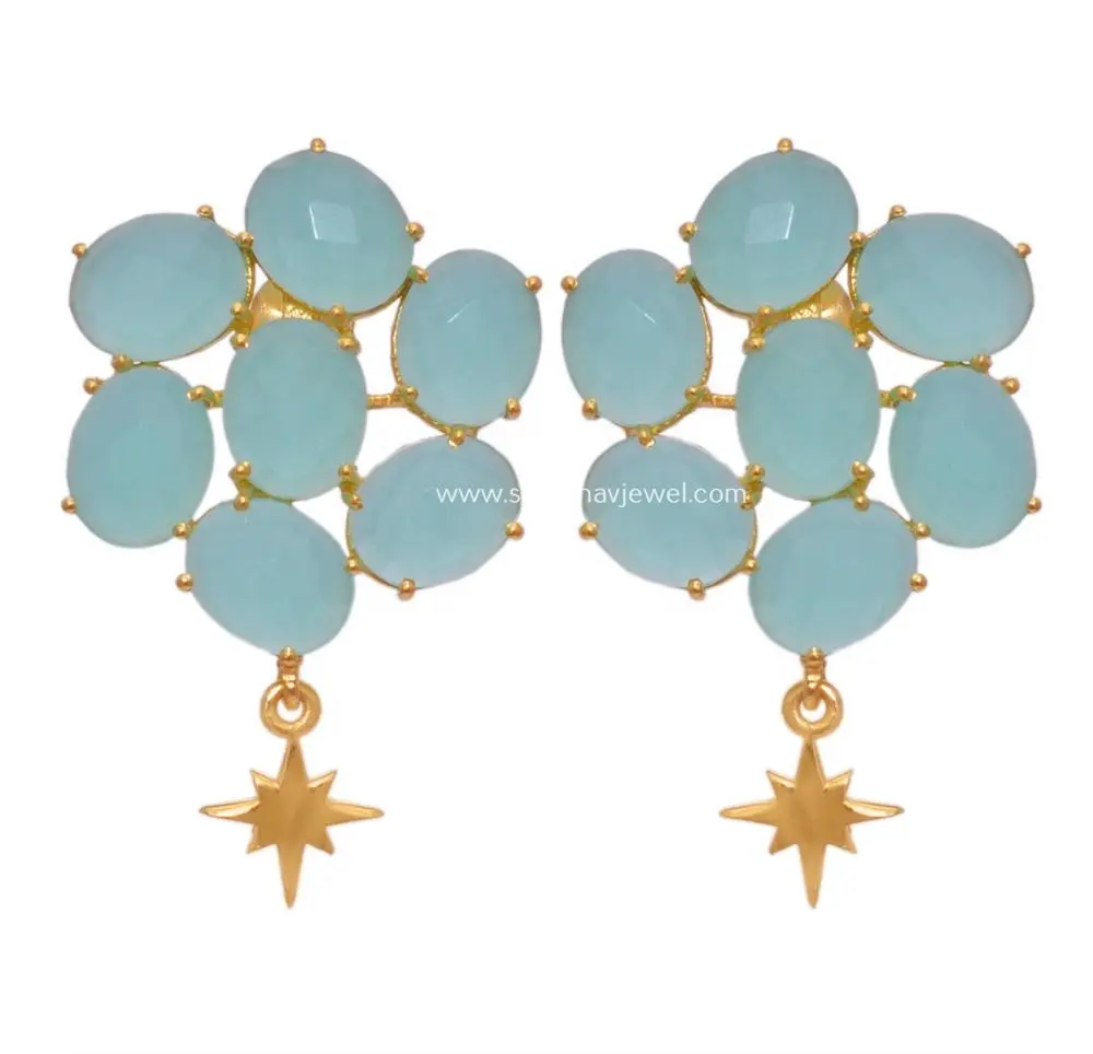 Attractive Glowing New Fashionable Christmas Jewelry Natural Aqua Chalcedony Gold Plated 925 Silver Earrings