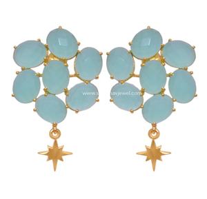 925 argent Sterling naturel Aqua calcédoine Vintage pierres précieuses boucles d'oreilles plaqué or 18K pour anniversaire de mariage femmes - Product Image 1
