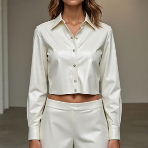 Women's Oversized Shiny Genuine <b>Leather</b> <b>Shirt</b> Vintage Streetwear Drop Shoulder Button Design for Outdoor Wear - Product Image 4