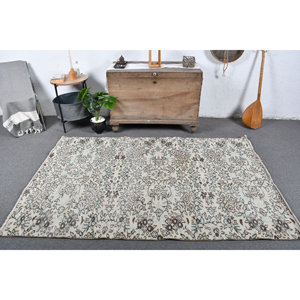 Alfombra Turca Vintage de 4.6x7ft, Color Beige, Marrón, Rectángulo Clásico, Diseño de Retazos, Material de Lana, Látex, Área Grande para Uso en Dormitorio - Product Image 1