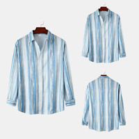Chemise formelle homme anti-plis à col montant imprimé à manches longues avec rayures en lin pour le printemps, conception personnalisée OEM, logo sur mesure, vente transfrontalière