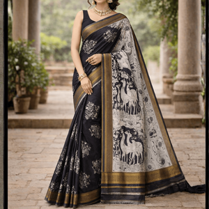 Sari de algodón Midnight Noir Kalamkari pintado a mano, con influencia india y pakistaní, de georgette, tela de red pesada, suave y cómoda para uso diario. - Product Image 2