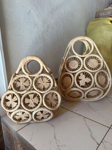 Panier tressé en paille fait main à motif circulaire, capacité 4 personnes, avec cordon de serrage en tissu, style mode, sac à déjeuner portable et décontracté pour - Product Image 2