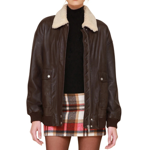Custom Logo <b>Women</b> <b>Vintage</b> Brown Real Sheepskin <b>Leather</b> Flight <b>Jacket</b> Faux Fur Collar Outerwear - Product Image 4