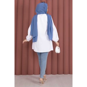 Camisa Túnica Informal Blanca de Popelina con Cuello con Volantes y Detalle de Cintura Fruncida, Corte Holgado para Mujer, Tallas XS-XL, para Primavera y Otoño - Product Image 5