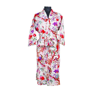 Bata de Invierno Ecológica 100% Algodón para Mujer, Larga, Tejida, con Estampado Floral, Cuello en V, Cierre con Cordón, Mangas Tres Cuartos - Product Image 2