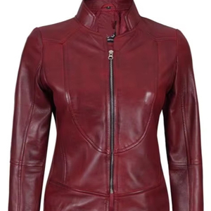Maroon Winter Best Selling Women Cow <b>Skin</b> Leather Jacket with Stand Collar Knitted Breathable Design - Product Image 1