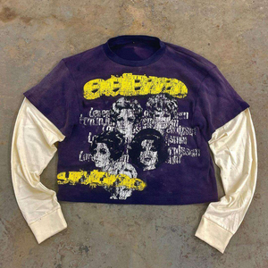 Camiseta gráfica unisex de manga larga de talla grande lavado ácido estilo Hip Hop Vintage ropa de calle patrón sólido-Primavera nueva llegada - Product Image 1