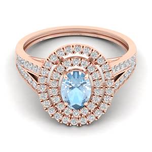 Anillo de Piedra Preciosa de Aguamarina de Corte Ovalado de 0.75 Quilates con Nuevo Diseño REYES, Anillo de Compromiso de Oro Rosa Sólido de 14K con Halo de Diamantes para Mujer - Product Image 1