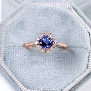 Natural Tanzanite Engagement Ring Solid Art Deco Ring <b>Halo</b> Zircon Solitaire Ring Anniversary Proposal Gift For Her - Product Image 6