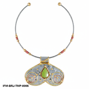 Tri-Metal Mixed Metal Pendant <b>Necklace</b> Handcrafted Hammered Design with <b>Green</b> Stone Artisan Boho Torque Choker - Product Image 1